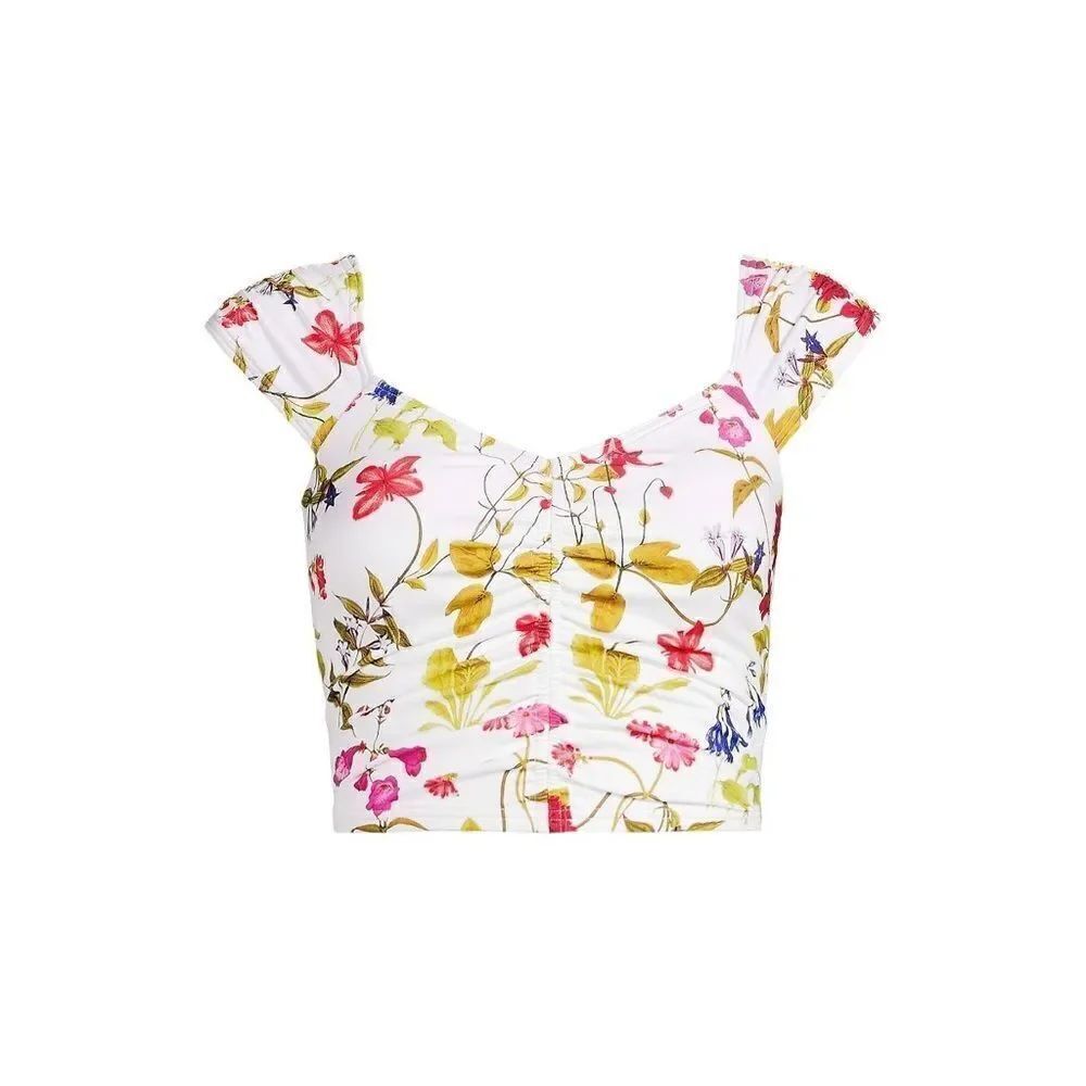 Land's End plus reg Ruched cap sleeve bikini top white meadow floral print Var